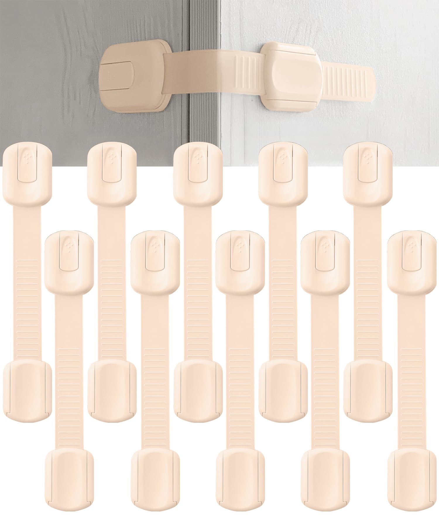Bate- Child Safety Strap Locks, 10 Pack, Baby Locks for Cabinets, Drawers, Kitchen, Toilet, Furniture, Fridge, Multi-Purpose, Easy Install with Quick 3M Adhesive for Childproofing