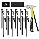 12 Pack Tent Stake with Hammer, 8in Heavy Duty Tent Stakes + 10in Camping Hammer+Storage Pouch, Forged Steel Stakes for Camping Used on Rocks