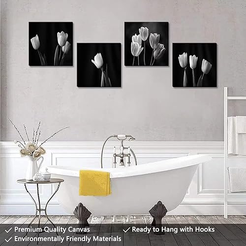 Miniatura 5 de Wall HDQ Decoración de pared en lienzo blanco y negro con tulipanes, arte de pared con flores, sala de estar, dormitorio, baño, decoración del