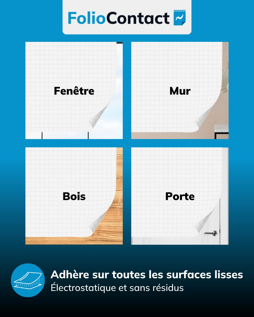Tableau électrostatique/Film électrostatique breveté Fixation sans outil sur presque toutes les surfaces