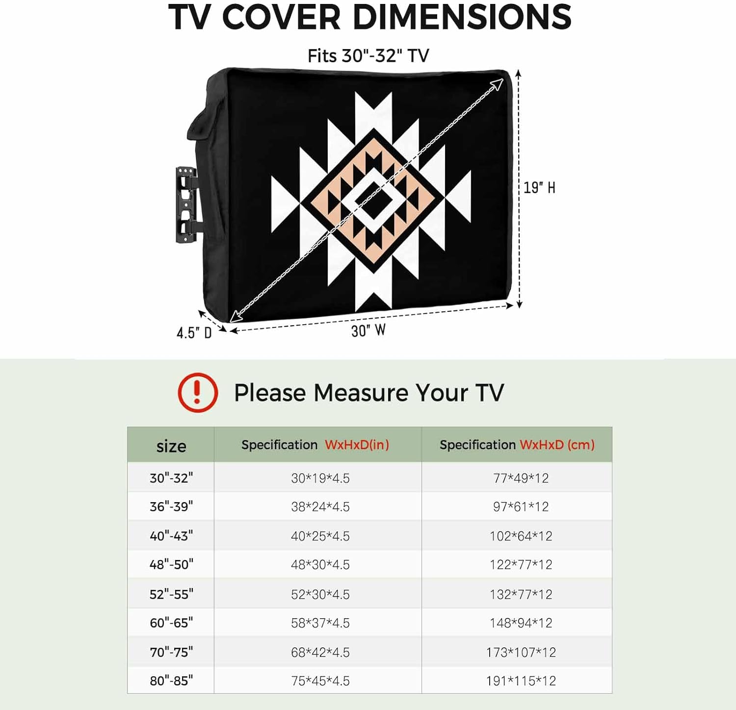 Outdoor TV Cover 65 Inch Black Aztec TV Enclosure Boho Western Tribal Pattern TV Covers for Outside TV Display Screen Protector with Remote Control Pocket Home Decor