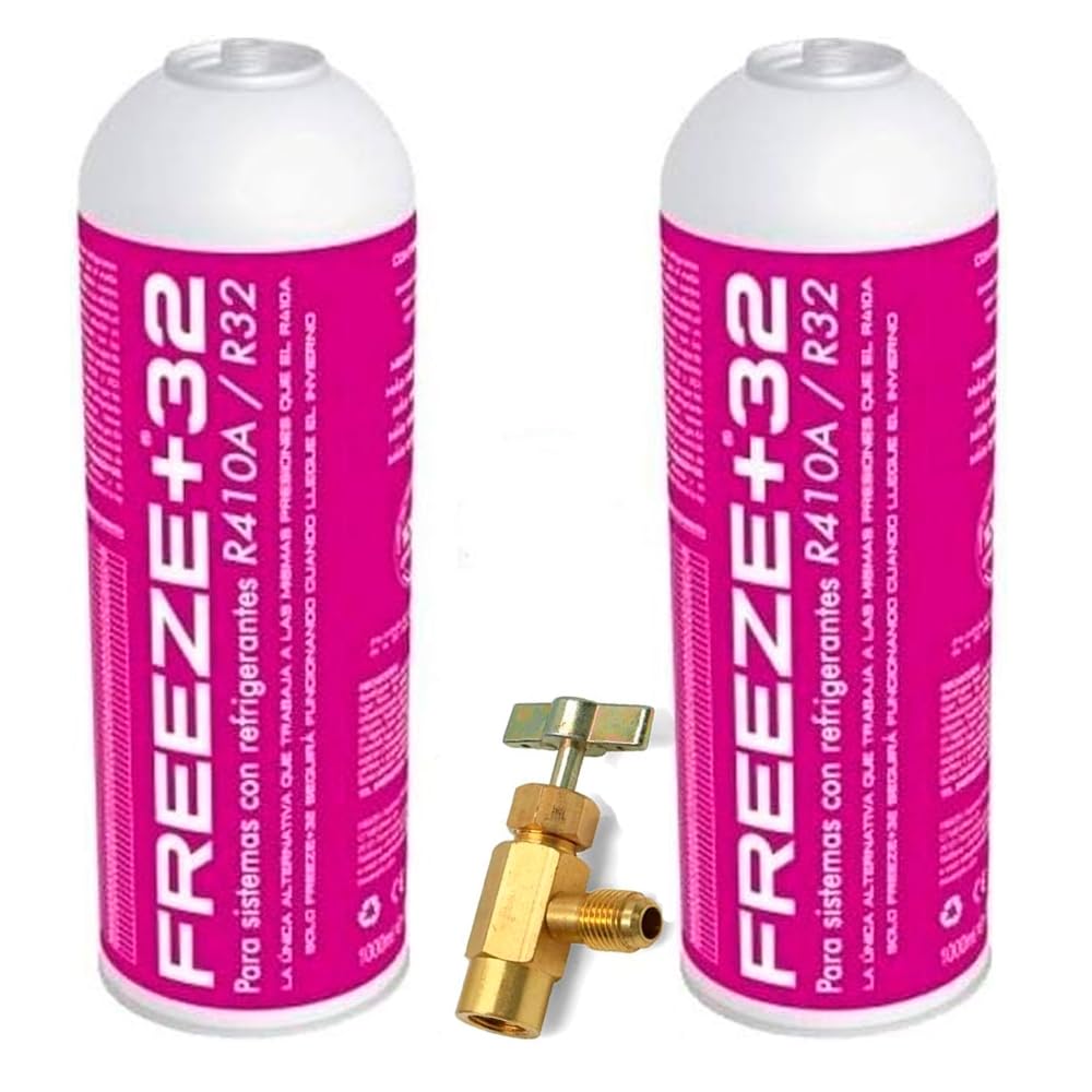 Genérico 2 Botellas Gas Refrigerante Freeze Organico +32 350Gr + Valvula Sustituto R32, R410A.
