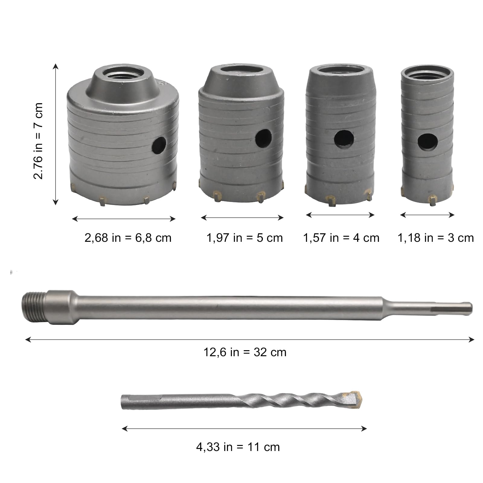 Trocken Bohrkronen Set für Beton, 6 Stück Ø 30mm 40mm 50mm 68mm mit 320mm Rundschaft & SDS Plus Adapter, Hohlbohrkronen für Mauerwerk, Ziegel, Zement, Stein