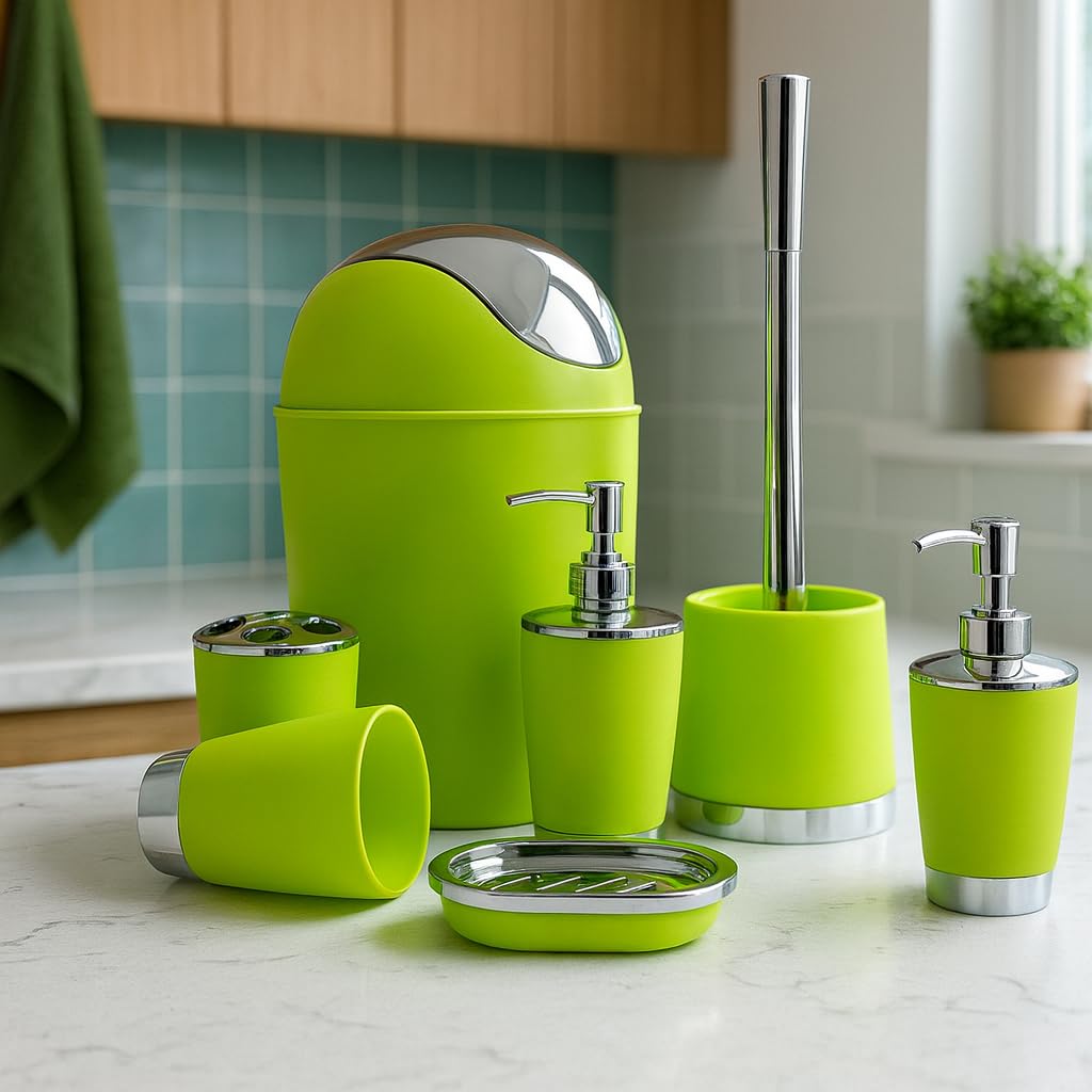 Bathlux Modernes Design 6 Stück Badezimmer Zubehör Set Toilettenbürste Abfalleimer Seifenschale Zahnbürstenhalter Seifenspender Spülbecher (Grün)