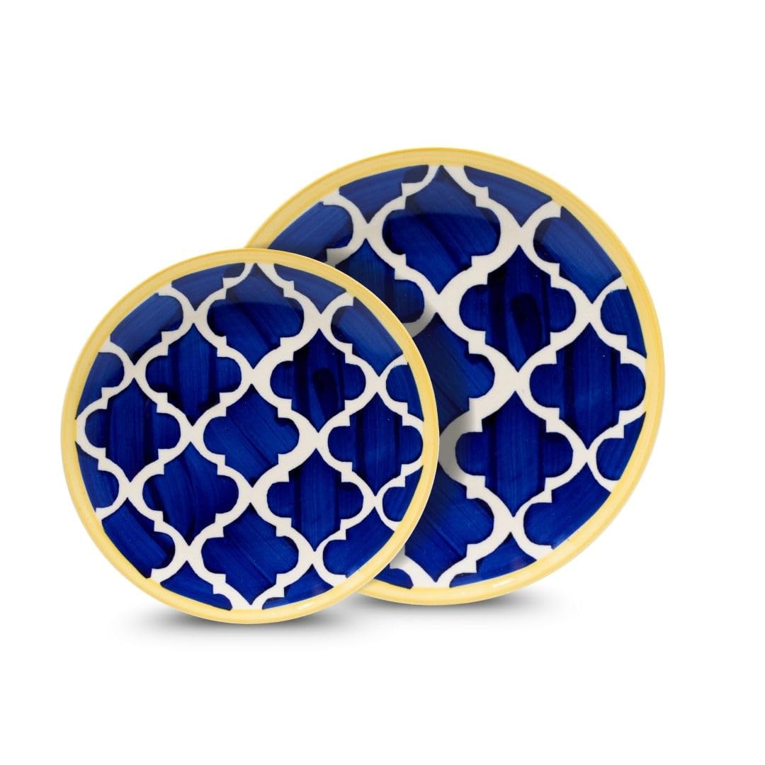 aDai Premium Moroccan Ceramic Quarter Round Plates for Snacks & Gifting, Microwave & Dishwasher Safe | Perfect for Dessert, Salad, Starters, Pasta, Kitchen or Cafe (7.28 & 8.07 Inch,Set of 2, Blue)