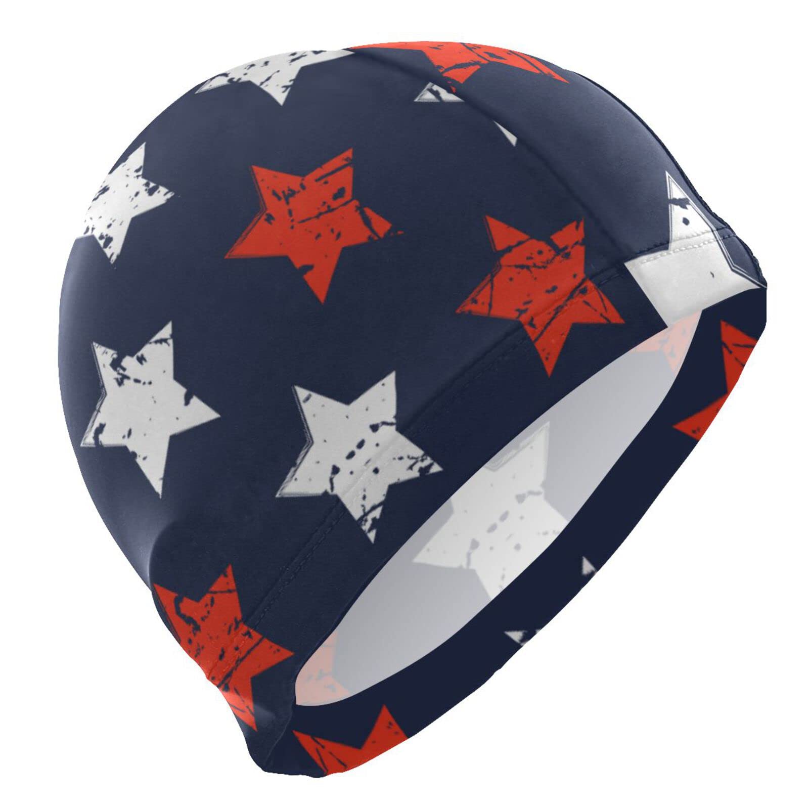 Oyihfvs Abstract Grunge Red White Stars on Navy Blue American Flag Custom Men Swim Cap, High Elasticity Swimming Cap, Stylish Lightweight Swim Hat for Adult Men Teens Swimming Water Sports