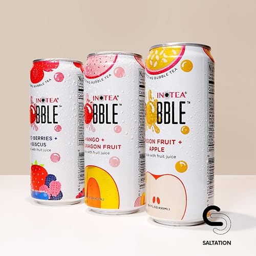 Vista 5 de INOTEA POBBLE BURSTING BUBBLE TEA (paquete de 3 latas) incluye tarjeta de agradecimiento de saltación, té helado enlatado hecho con jugo de fruta