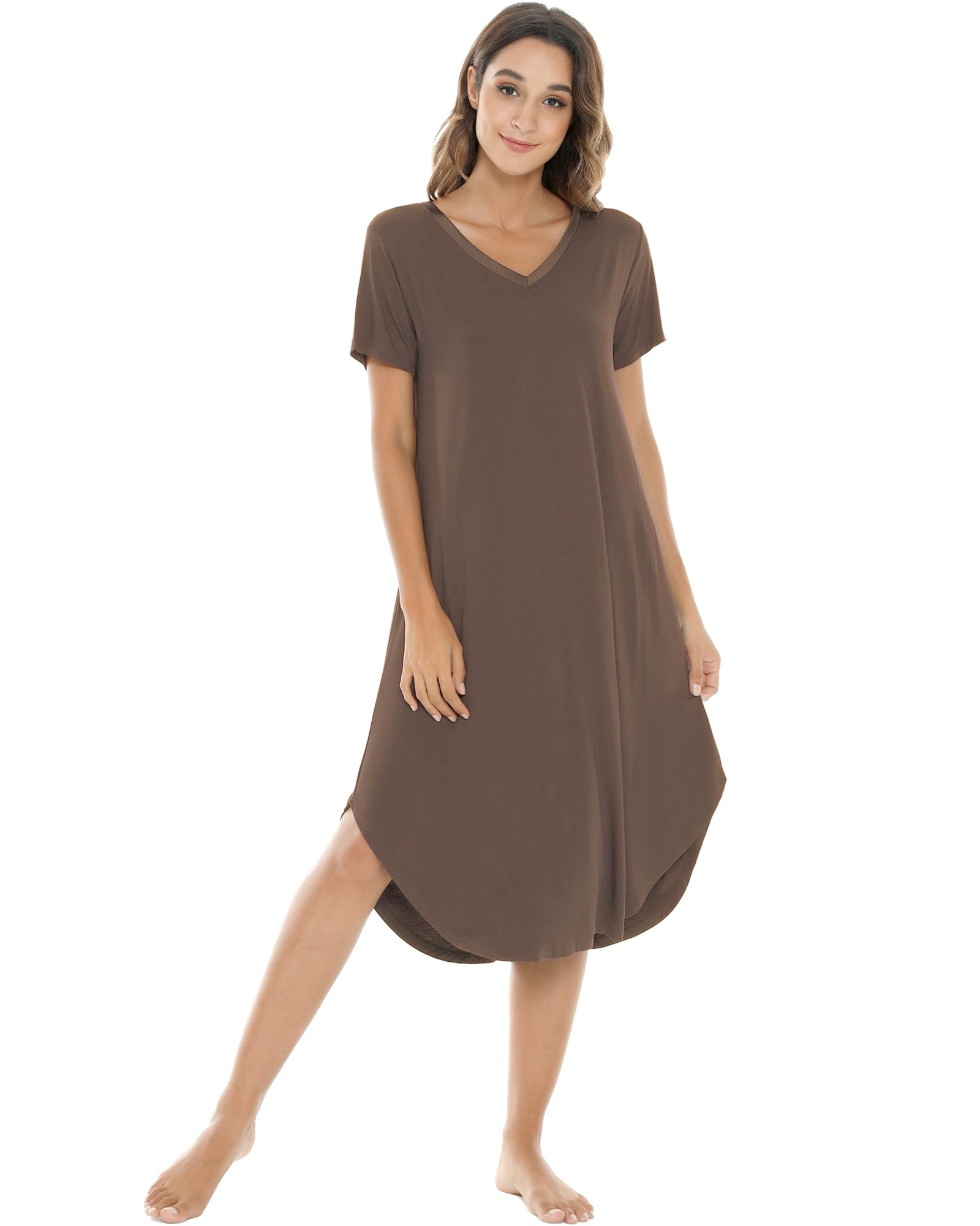 NACHILA Bamboo Viscose Nightgowns for Women Cooling Short Sleeve Sleepshirt | Soft V Neck Night Gowns, Moisture-Wicking Sleepwear for Hot Flashes &amp; Night Sweats, Ladies Nightshirts for Sleep, Home, Gift