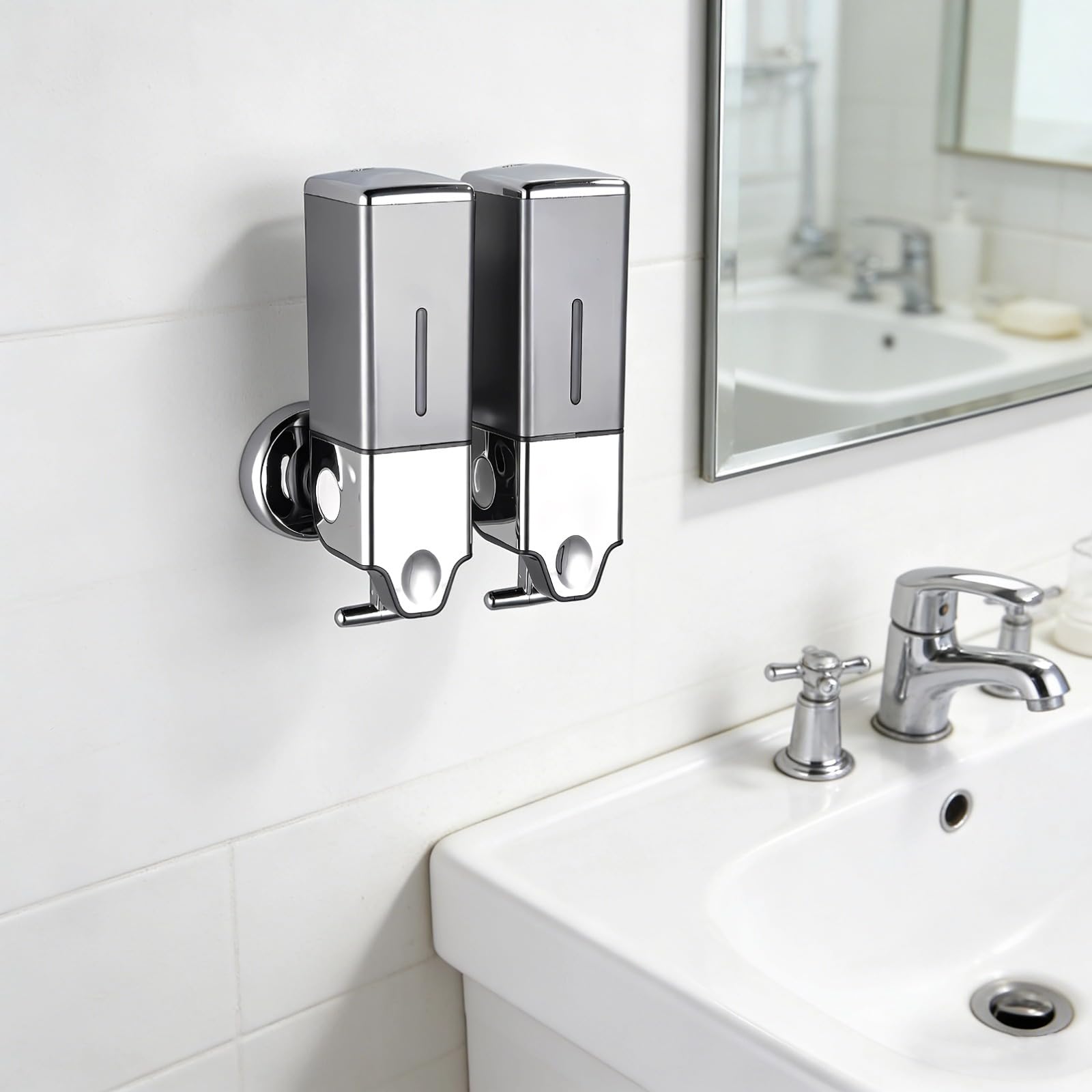 Dispenser per sapone da doccia, montaggio a parete, 2 confezioni da 1000 ml, 2 camere, salvaspazio, ricaricabile, dispenser per shampoo e sapone, in ABS grigio, facile da installare