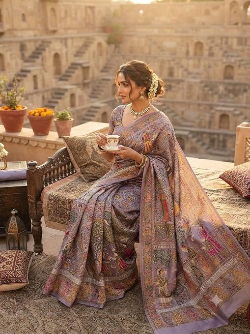 Image of Women's Pashmina Silk Saree with Kashmiri Thread Pallu and Zari Border