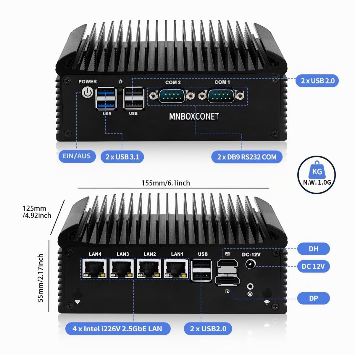 Lüfterlos Mini PC N150 Firewall Appliance Industrial Micro Büro, 4 x 2.5Gbit LAN + 2 RS232 Com, Barebone No Ram No SSD, 6USB, Router/Home Computer Hardware, HD DP Dual Dispaly