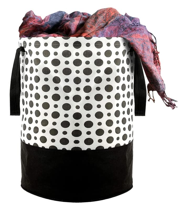Le Corpus Round Canvas Black & White Polka Dot 45 L Laundry Bag/Hamper Durable Collapsible Laundry Storage Basket for Dirty Clothes Foldable Bin with Side Handle for Clothes, Toy Storage