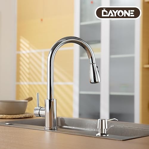 Miniatura 2 de DAYONE Grifo de cocina cromado con dispensador de jabón y extraíble, grifo de acero inoxidable para fregadero de cocina, 3 modos de agua, cromo