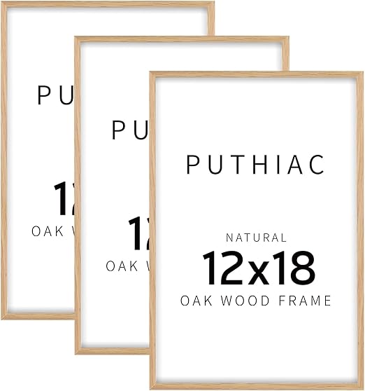 puthiac 12x18 Oak Wood Picture Frame - Minimalist 12x18 Poster Frame, 12"x18" Picture Frame Wood, Natural Solid Wooden Picture Frames for Wall Art Photo and Prints(3 Pack, Beige)