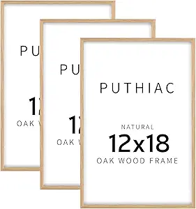 puthiac 12x18 Oak Wood Picture Frame - Minimalist 12x18 Poster Frame, 12"x18" Picture Frame Wood, Natural Solid Wooden Picture Frames for Wall Art Photo and Prints(3 Pack, Beige)