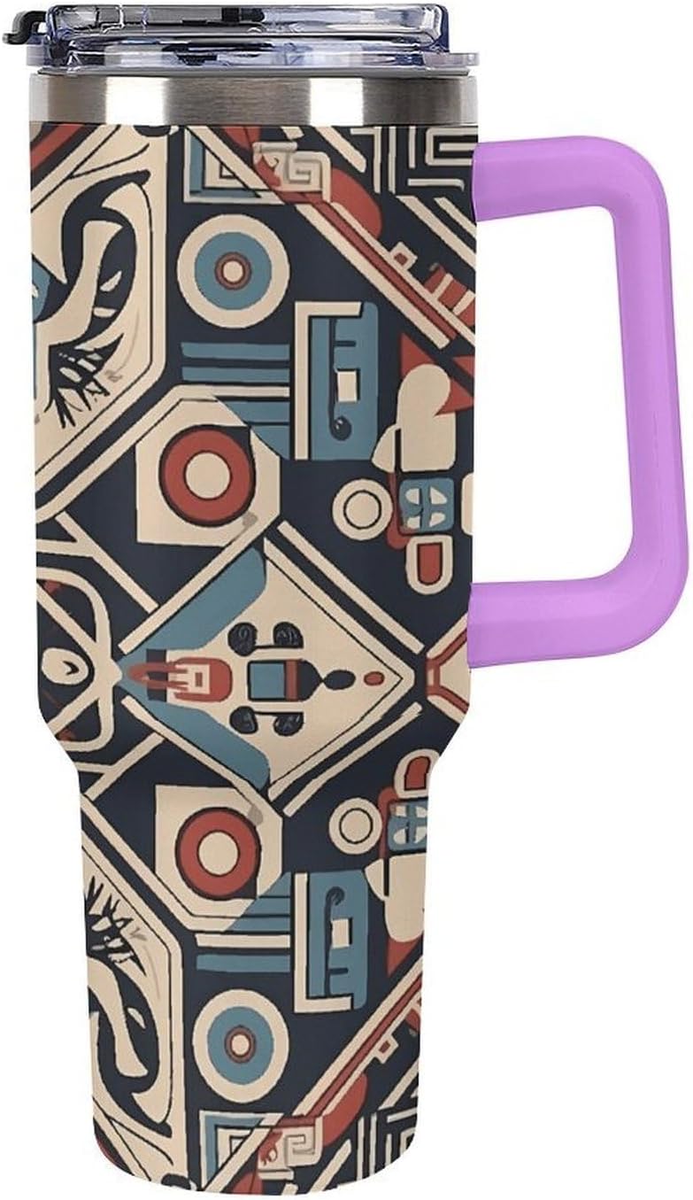 Large Car Cup with Handle&Lid Fashion Tribal Style Pattern Tumbler Sturdy Insulated Water Bottle Stainless Steel Vacuum Travel Mug Portable Coffee Cup for Home Outdoor 40 Oz Violet-style