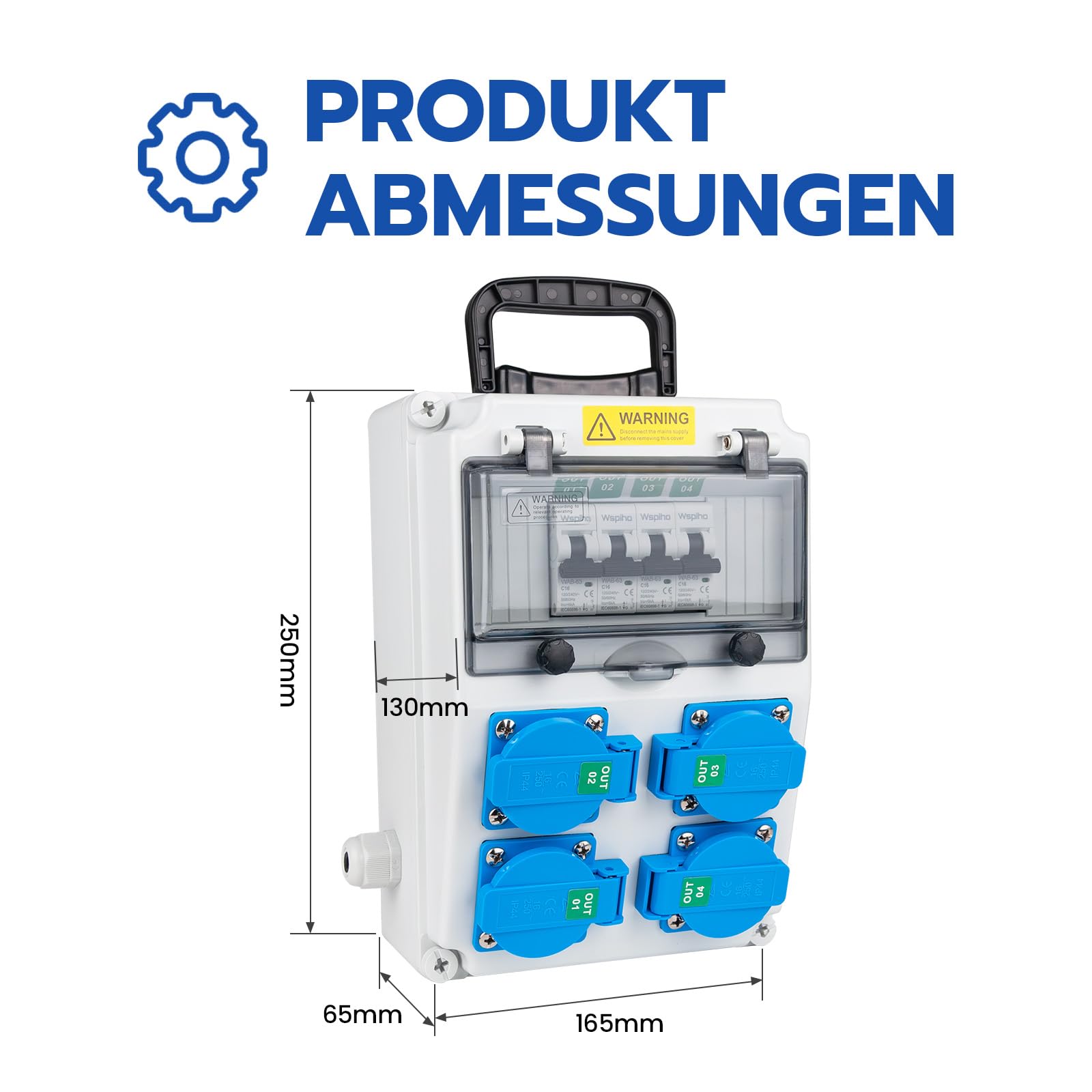 Baustromverteiler 16 A mit 1 Polig Leitungsschutzschalter,Wandverteiler mit 16 A Steckdose,Starkstrom verteiler Stromverteiler mit Griff für Außenbereich Baustrom (4×16A 1P LS mit Griff)