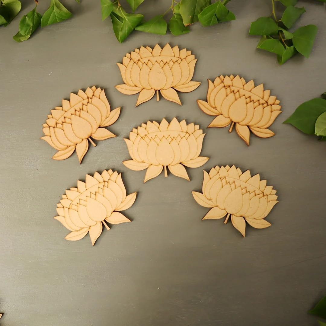 Haoser Set of 10 Wooden Rajwadi Lotus Cutout MDF Embellishments for Art & Craft, DIY Wall Hanging, Festive Decor, Painting, Rangoli, Mandala & Home Decoration – 3.25 x 2.5 Inch (Lotus-7)