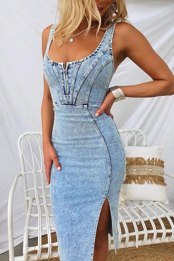 utcoco Denim Dress for Women Sleeveless Side Slit Bodycon Midi Jean Dresses for Women 2025 - Image 2