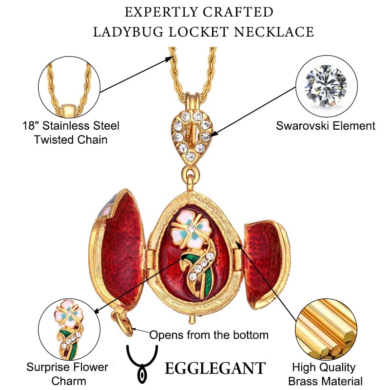 Ladybug Locket Necklace, Embossed Flower Charm Design Easter/Christmas Gift2