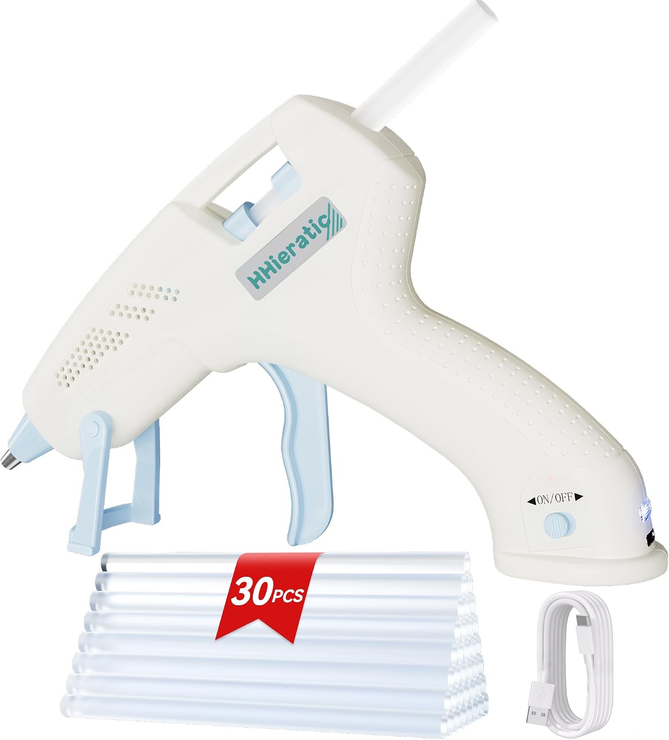 Cordless Mini Hot Glue Gun with 30 Sticks,Glue Gun Kit with Type-C Charge,Fast Preheating 20W Hot Glue Gun Kit Craft Glue Guns for Craft,DIY,Repairs(White)