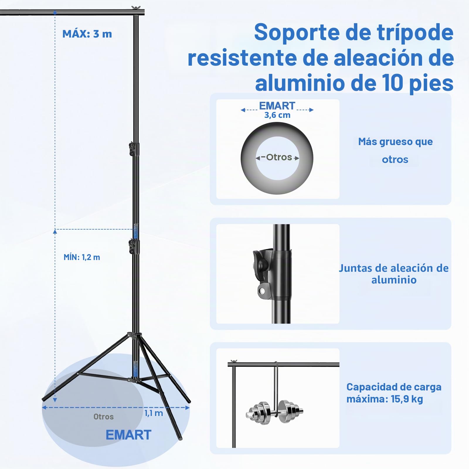 EMART Soporte Fondo Fotográfico de 3x3,6m, Sistema de Soporte para Fondo Ajustable con 6 Pinzas para Fondo y Bolsa de Transporte para Estudio Fotográfico, Retratos, Productos, Vídeos, Fiestas, Bodas