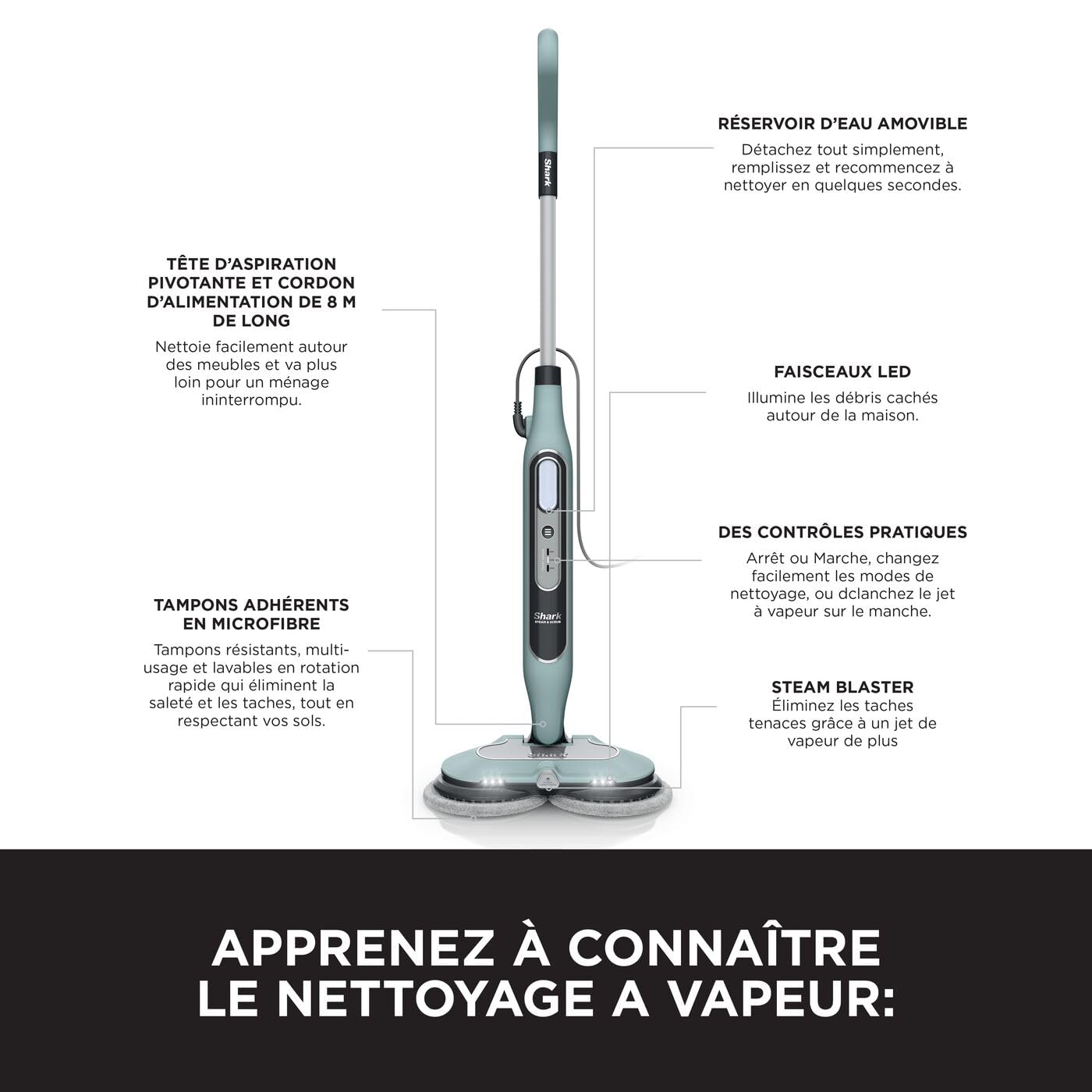 Shark balai vapeur automatique avec mode Steam Blaster, 6 lingettes microfibres, 3 réglages de vapeur, élimination des taches, pour tous les sols durs, cordon de 8 m, Vert sauge, S8201EUCP