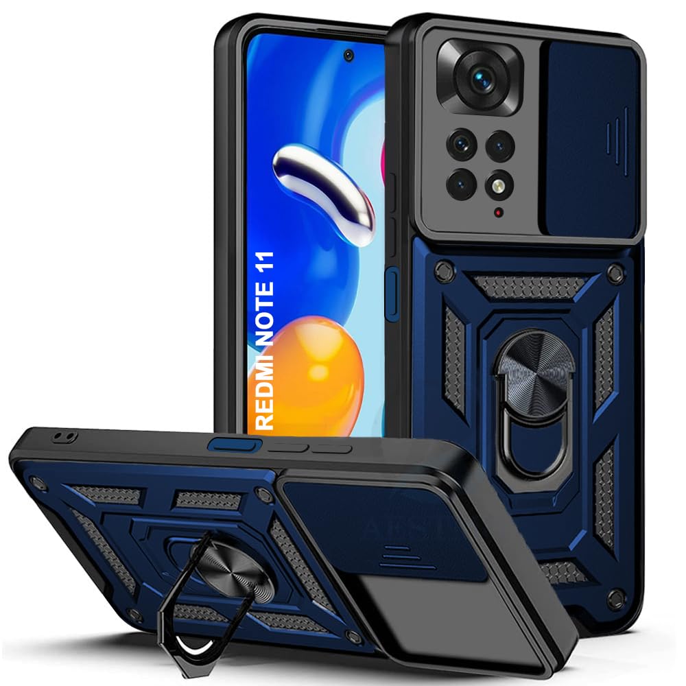 AESTMO Tough Armor Redmi Note 11 / 11S Bumper Back Case Cover | Ring Holder & Sliding Camera Shield Cover | 360 Degree Protection Back Case Cover for Redmi Note 11 / 11S (Blue)-image-36