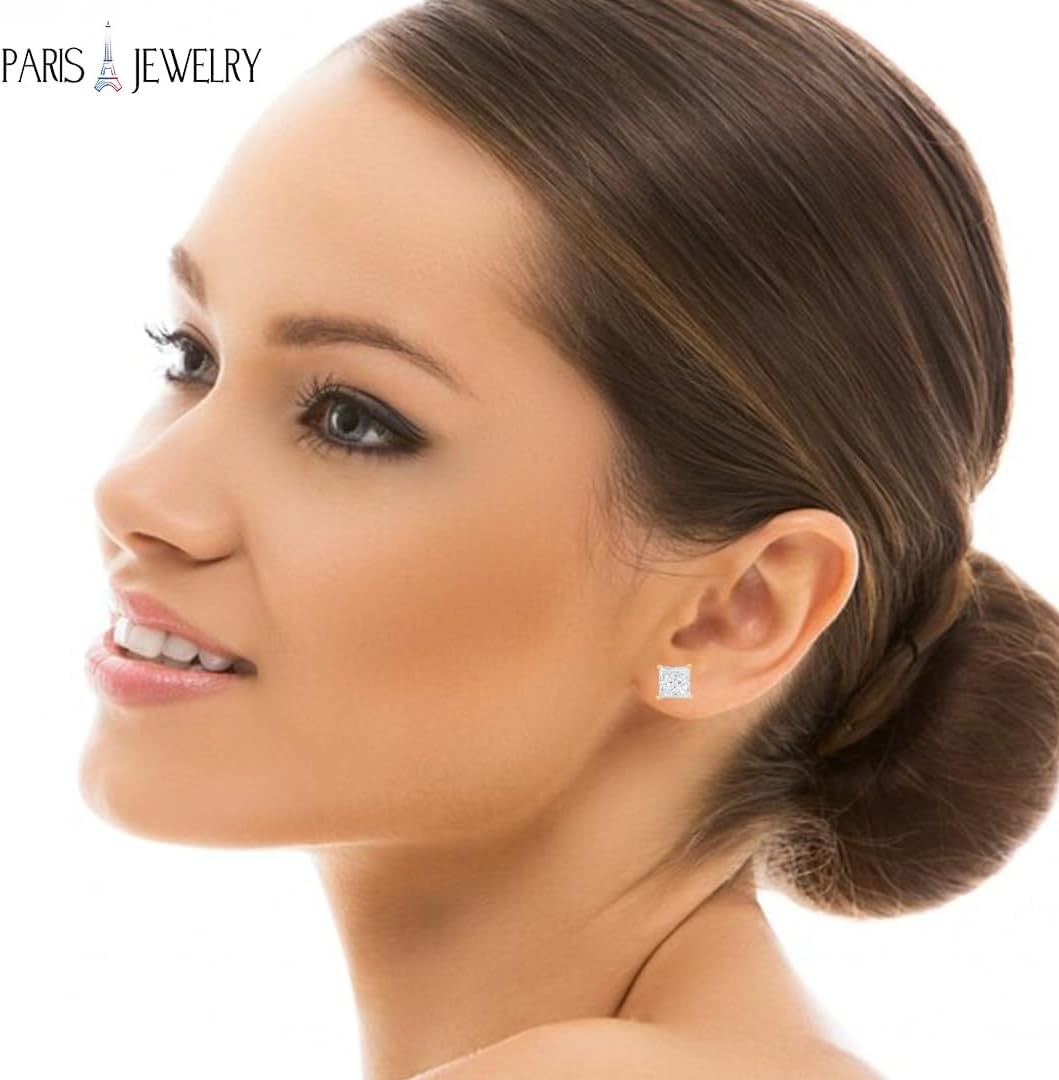 Paris Jewelry 14k Yellow Gold 1/4 Carat Princess 4 Prong Solitaire Created Diamond Stud Earrings 4mm