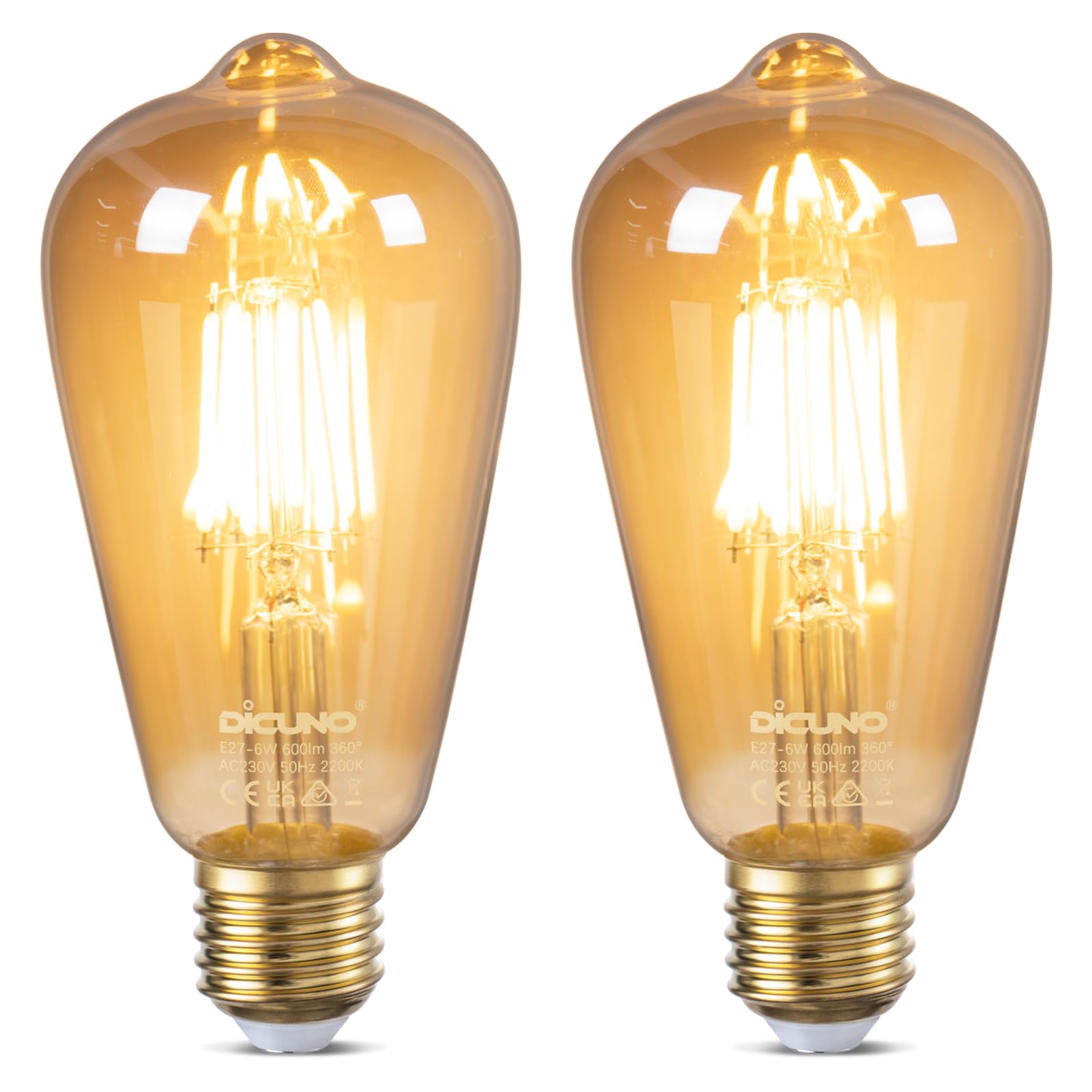 DiCUNO edison vintage Glühbirne, E27 6W 600LM Filamente LED Lampe, Warmweiß 2700K vintage Antike LED Birne, Dekorative Leuchtmittel in Nostalgie und Retro für Haus, Café, Bar, nicht dimmbar