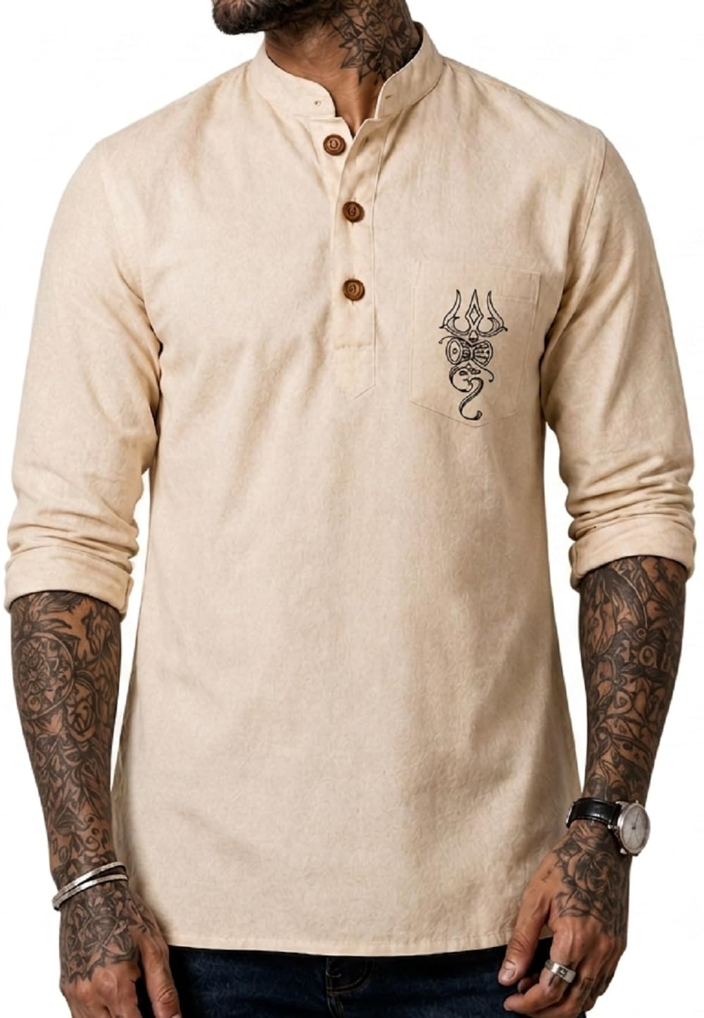 Men Cotton Blend Kurta Long Sleeve Straight Fit Ethnic Kurta with Pocket Casual Festive Spiritual Khadi Religious Programmes-image-0