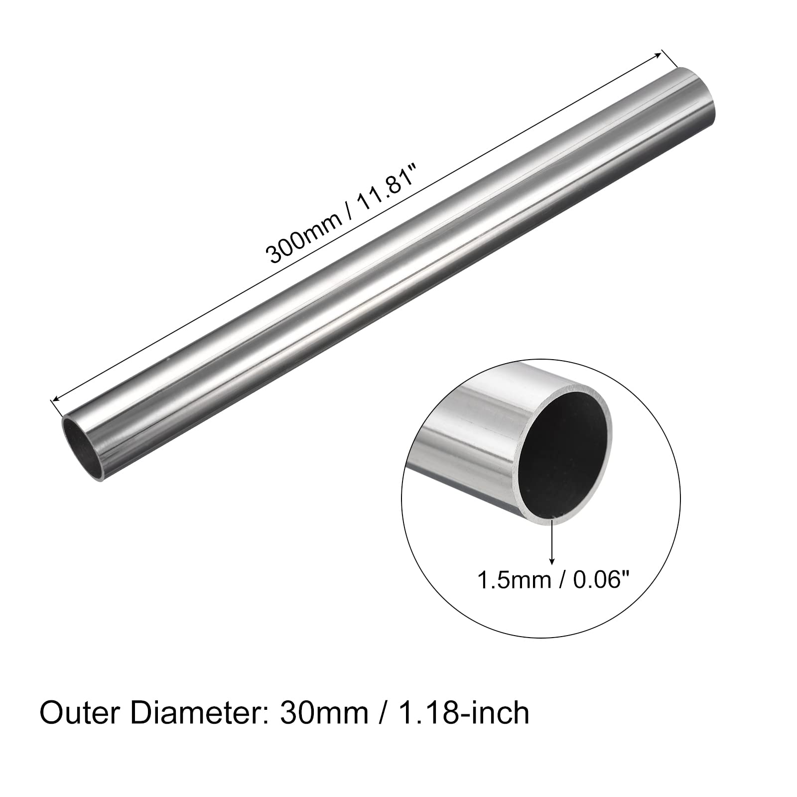 QUARKZMAN 304 Edelstahl Rohr 30mm Außendurchmesser, Runde Nahtlose Edelstahlrohr 1.5mm Wandstärke, Edelstahl Gerade Rundrohr 300mm Länge, Silber Metallrohr für Industrie Heim Gartendeko