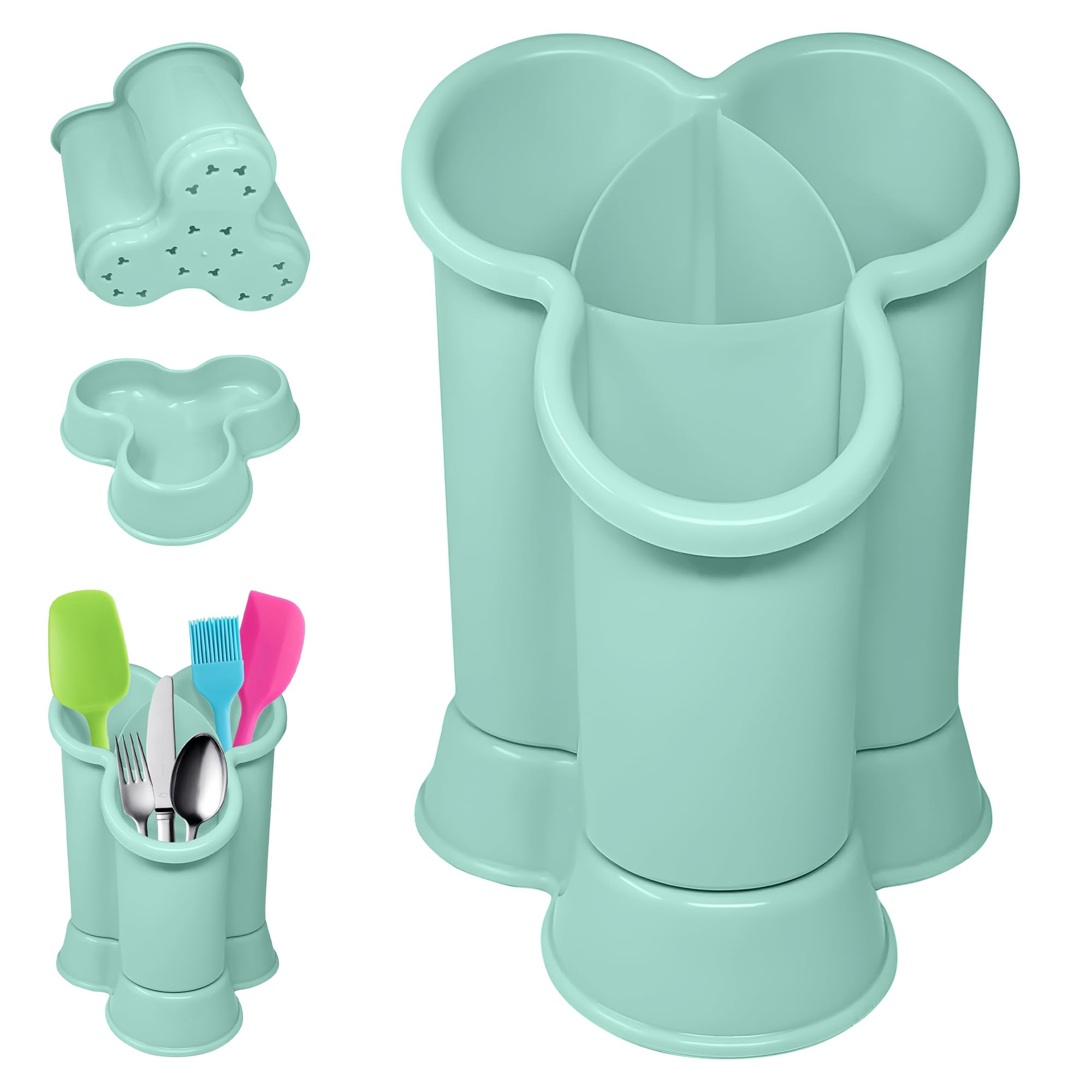 Plastific Mint Green - D2 4 Compartment Cutlery Drainer Caddy | High Grade Plastic Utensil Holder For Kitchen | Cleaning Tools Organizer For Home & Kitchen (Mint Green - D2)