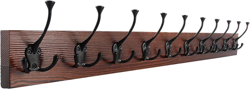 IBosins Brown Wood Wall Mounted Coat Rack, 34" Long with 10 Black Tri-Hooks | Burnt Finish Heavy Duty Wood Coat Hanger, Rustic Coat Hooks Rail for Entryway, Living Room, Coat, Scarf, Bag, Towel, Hat