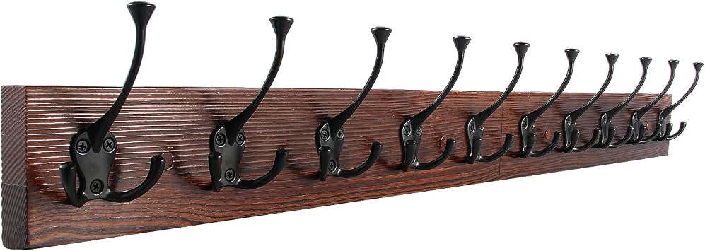 IBosins 34 Coat Rack Wall Mount with 10 Decorative Tri-Hooks, Heavy Duty Wood Coat Hanger, Rustic Coat Hooks Rail for Entryway Living Room Coat Scarf Bag Towel Hat