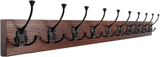 IBosins Brown Wood Wall Mounted Coat Rack, 34" Long with 10 Black Tri-Hooks