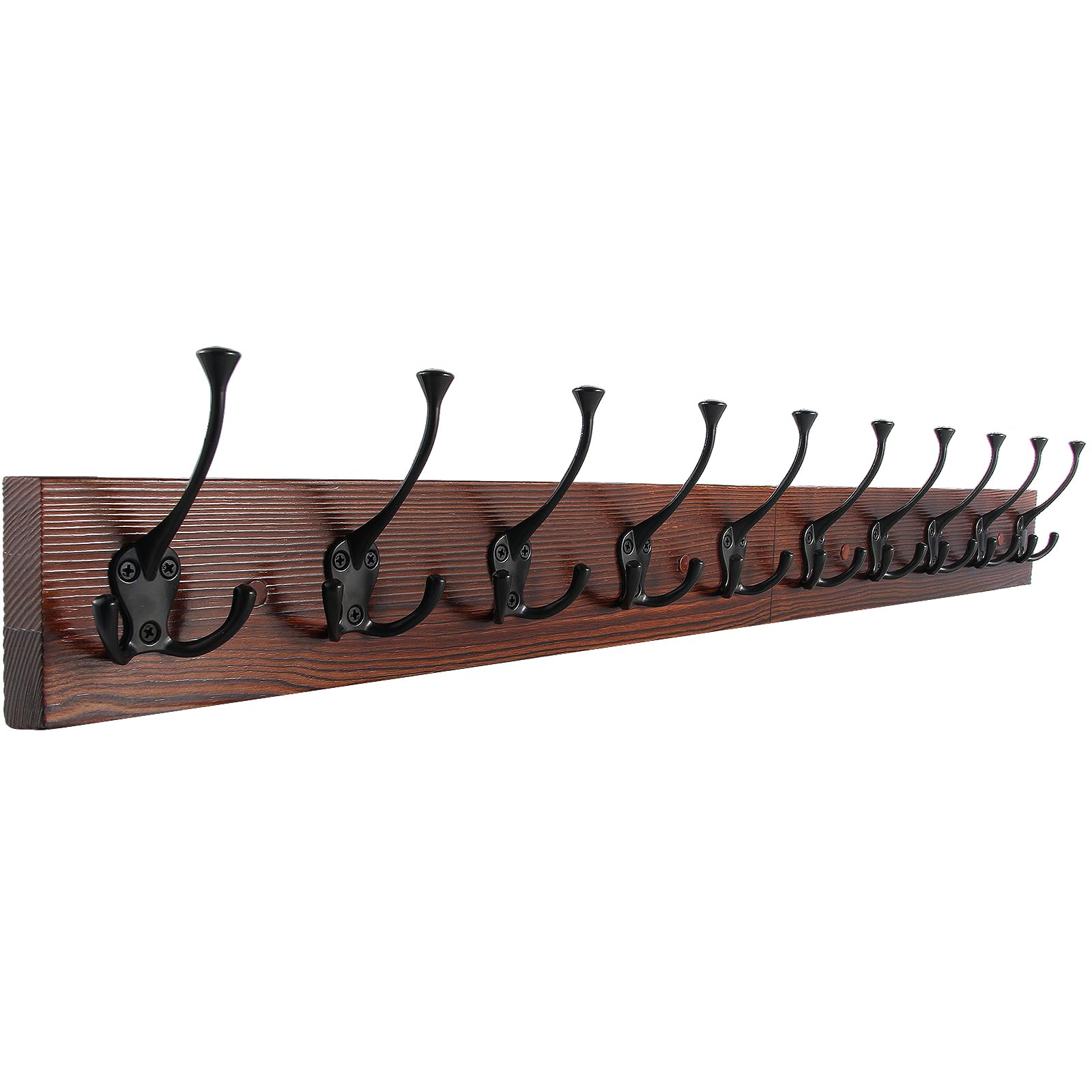 IBosins Brown Wood Wall Mounted Coat Rack, 34" Long with 10 Black Tri-Hooks
