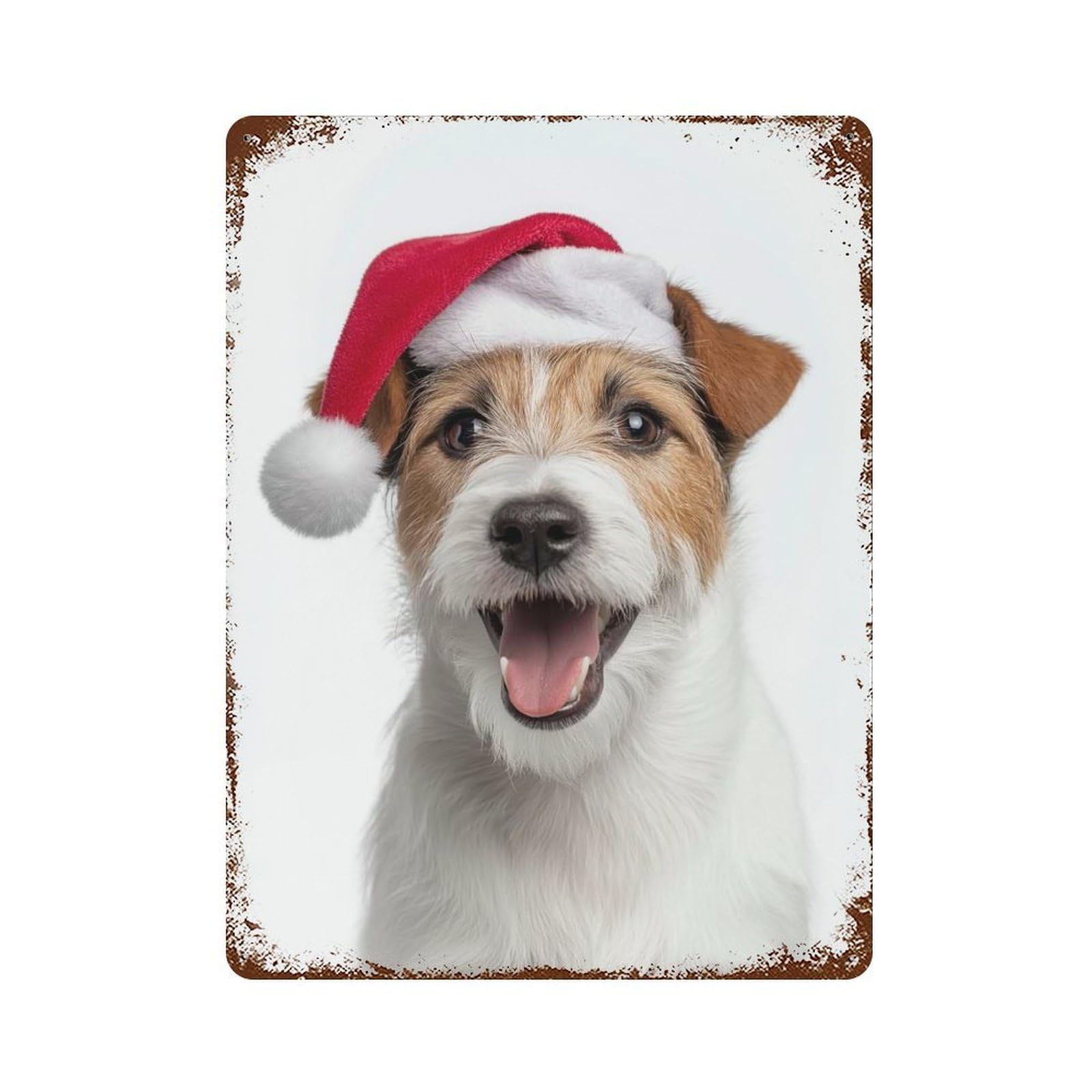 Garage Style Happy Parson Russell Terrier Dog with Santa Hat Vintage Rust Metal Sign 15.7"x11.8", Rustic Home Decor for Bar And Workshop
