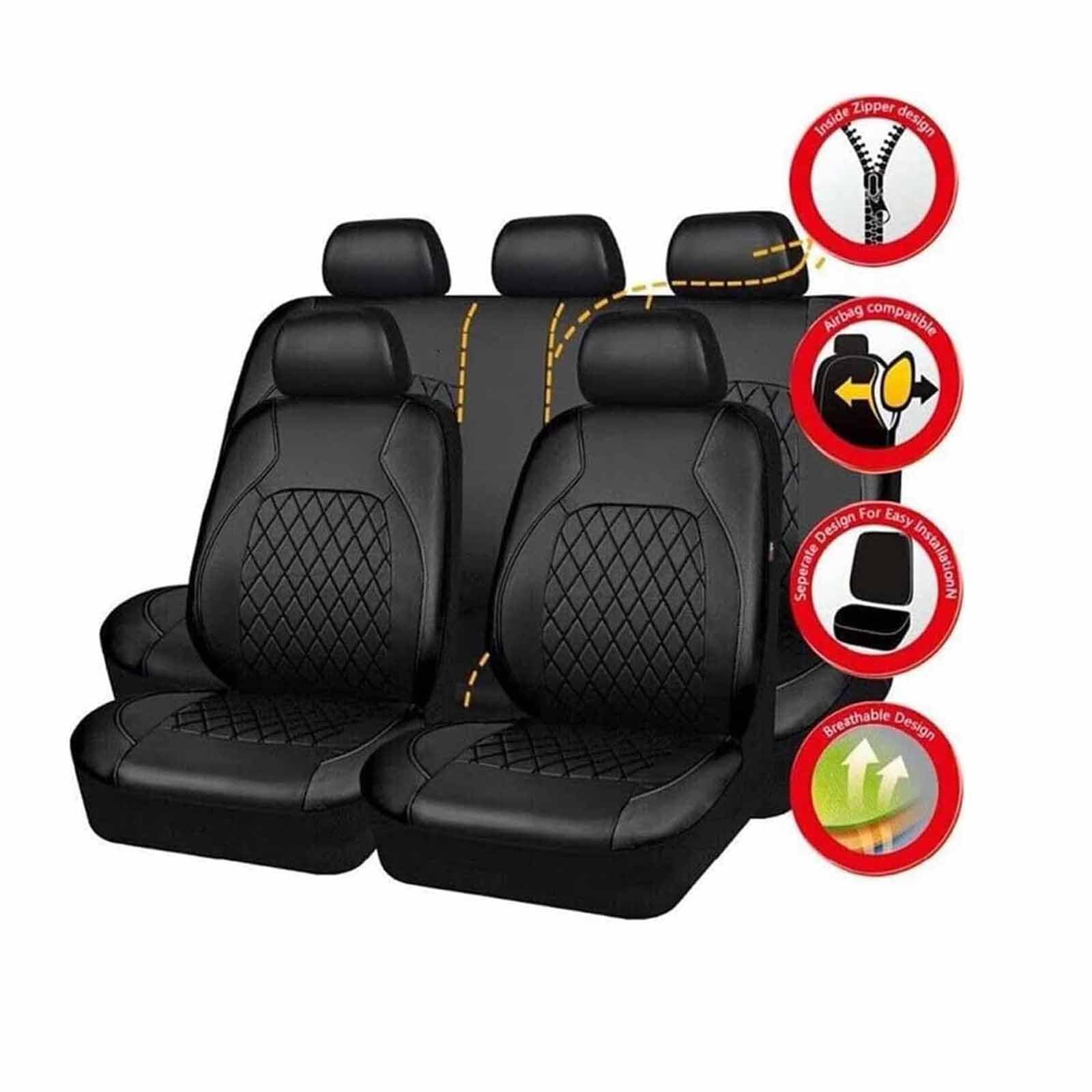 Auto Sitzbezüge Sets Für Citroen C3 Aircross C4 Aircross C5 Aircross C5 Aircross S, 9 Stück Leder Set Sitzbezug Komplett-Set wasserdichte Autositzschoner Zubehör,A/9pcs Set Black