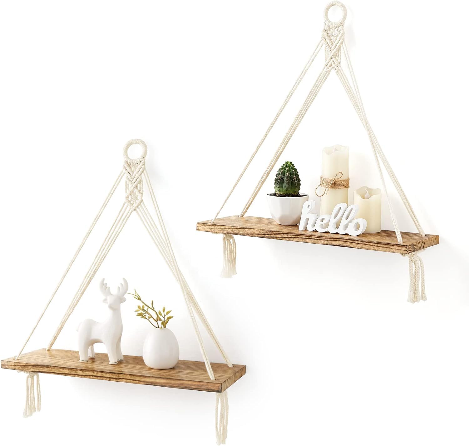 XTECH Macrame Hanging Shelves Boho Wall Decor Set of 2 Rustic Wood Floating Storage Shelf for Bedroom Bathroom Living Room Nursery Dorm Room, Display Shelving for Hanging Plants Photos (White)