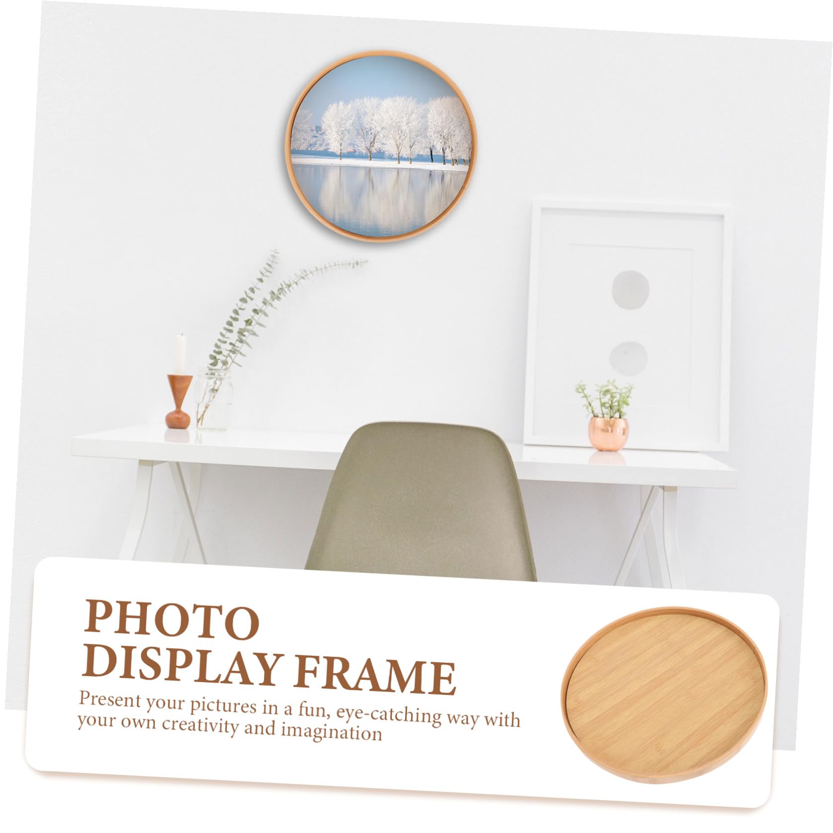 ifundom Cornice Rotonda in Legno di Bambù Naturale 35 Cm Base Stabile, Portafoto Compatto da Tavolo per Esposizione Foto e Dipinti Fai da Te, per Casa, Librerie e Ristoranti