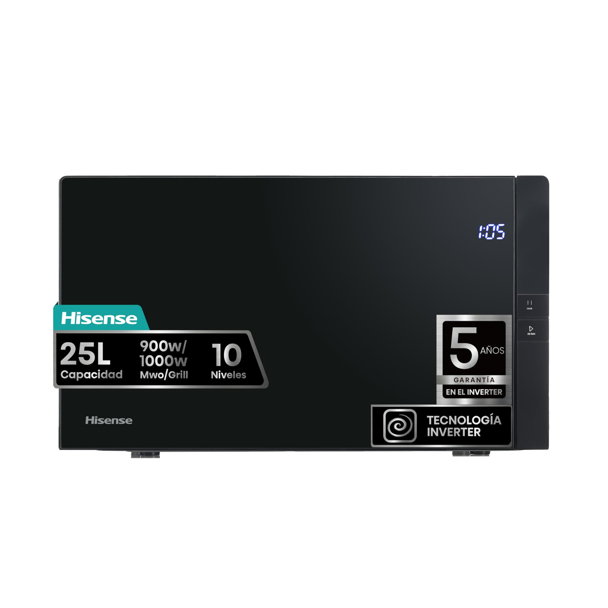 Hisense H25MOBS4HGI - Microondas Digital con Grill 25 Litros, 1000W, Inverter Expert, Descongelación Rápida, Calentamiento Uniforme, Silencioso, Revestimiento Cerámico, Cristal Premium, Modo ECO