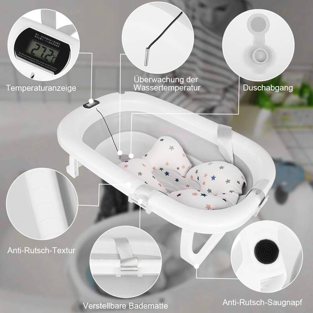 Baignoire pour bébé pliable XXL avec coussin antidérapant et thermomètre