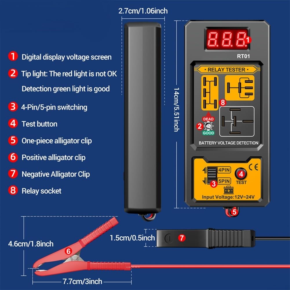 RT01 Testeur de relais automobile, analyseur de relais pour systèmes 12 V et 24 V, testeur de batterie de voiture, capteur de circuit de moto avec affichage numérique (RT01-BF01)