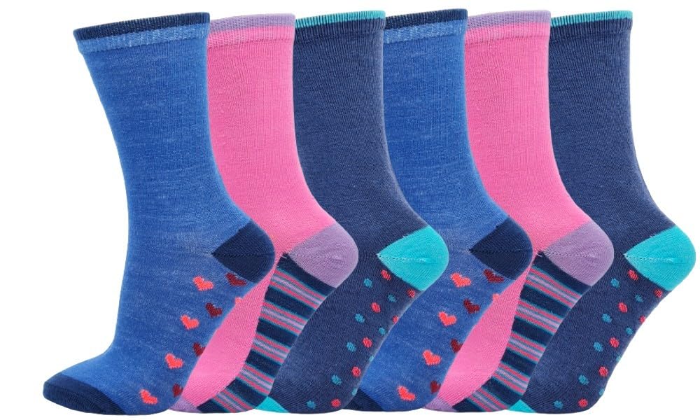 Sock-Tec Women's Pink Navy Blue Girls Ankle Socks Cotton Rich Funky Design Multipack Of - 6 Pairs Size 4-8 (Uk, Numeric, 4, 5, Regular, Regular, Grey )