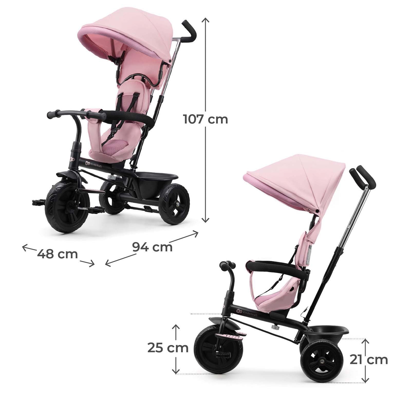 Kinderkraft FREEWAY 2, Triciclo Evolutivo per Bambini, Seduta Girevole a 360°, Pedali Liberi, Cintura a 3 Punti, Freno Centrale, 9 Mesi-5 Anni, Rosa
