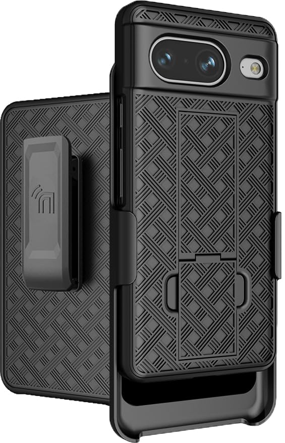 Case with Clip for Google Pixel 8, Nakedcellphone [Grid Texture] Slim Hard Shell Cover with Stand and [Rotating/Ratchet] B...
