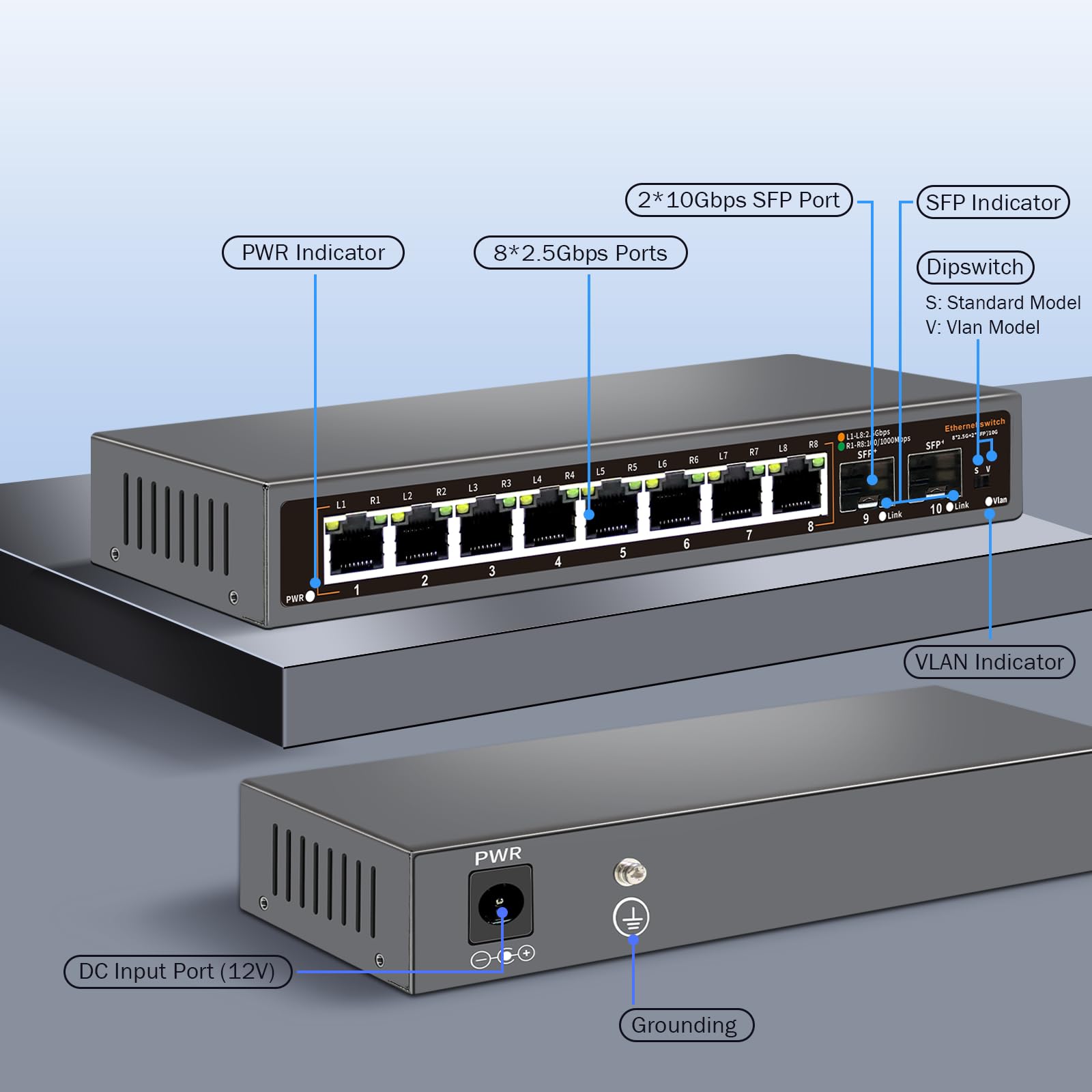 Interruptor Ethernet no administrado de 10 Puertos 2.5G, 8 Puertos Base-T de 2.5G, 2 SFP de 10G, para 100/1000/2500Mbps, VLAN, Interruptor de Red 2.5G sin Ventilador, diseño de Montaje en Pared para