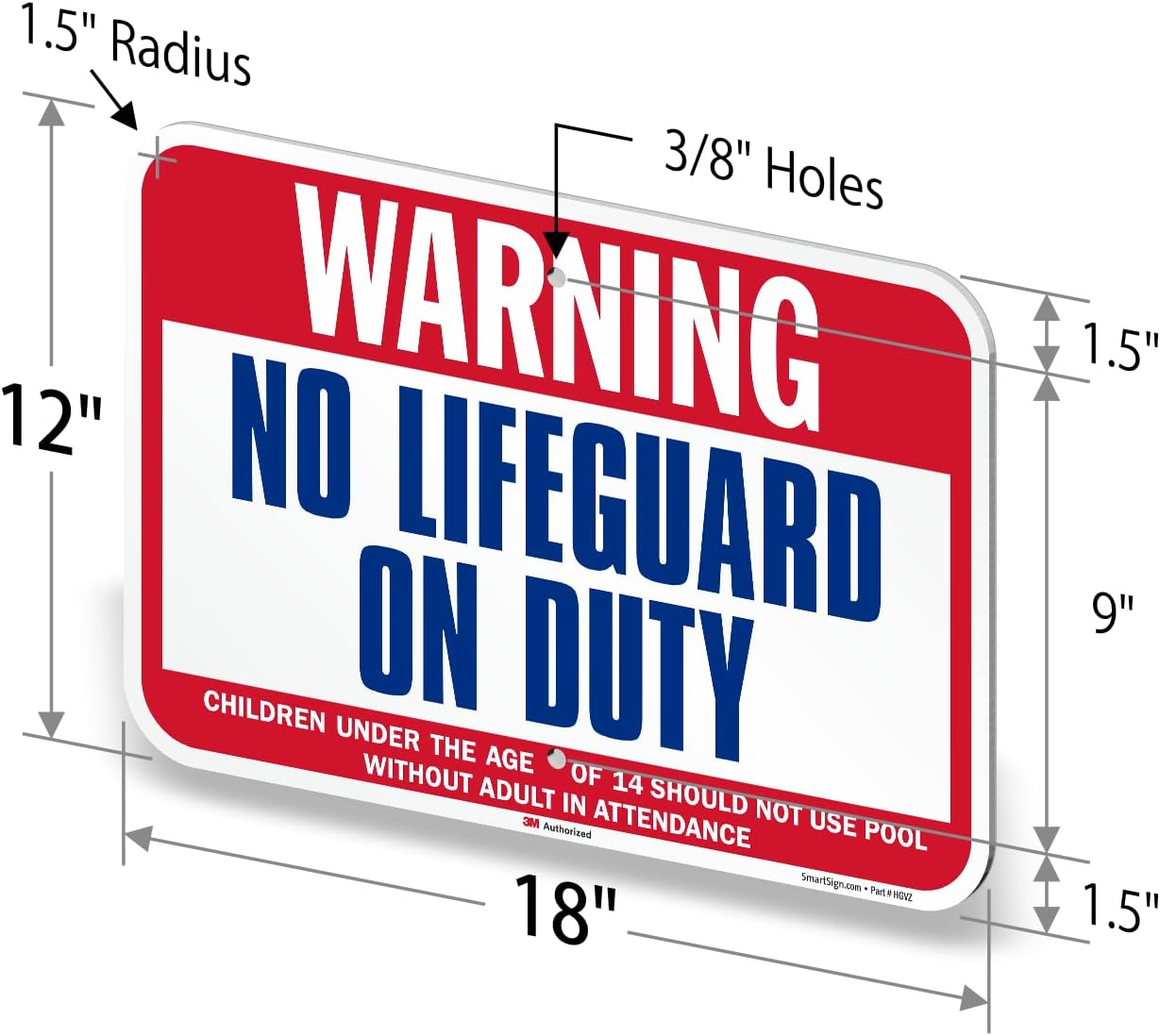 SmartSign 12" x 18" 'Warning - No Lifeguard On Duty, Children Should Not Use Pool Without Adult Attendance' Metal Sign, 63 mil Aluminum, 3M Laminated EG Reflective, Blue/White/Red, USA-Made