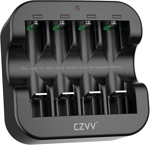 czvv Wiederaufladbares AA AAA 4-Slot Lithium-Batterieladegerät mit LED-Anzeige, 